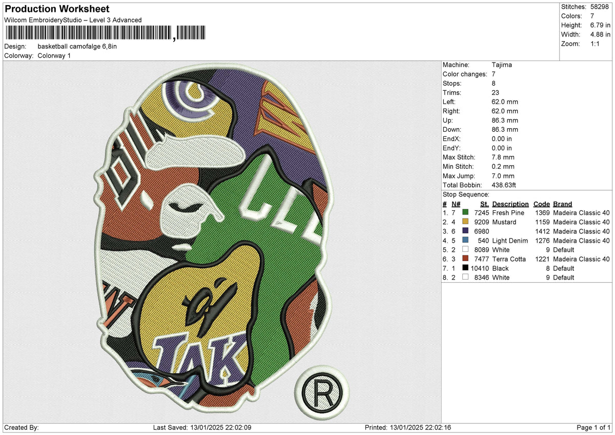 Basketball Camofalge Embroidery File 6 size