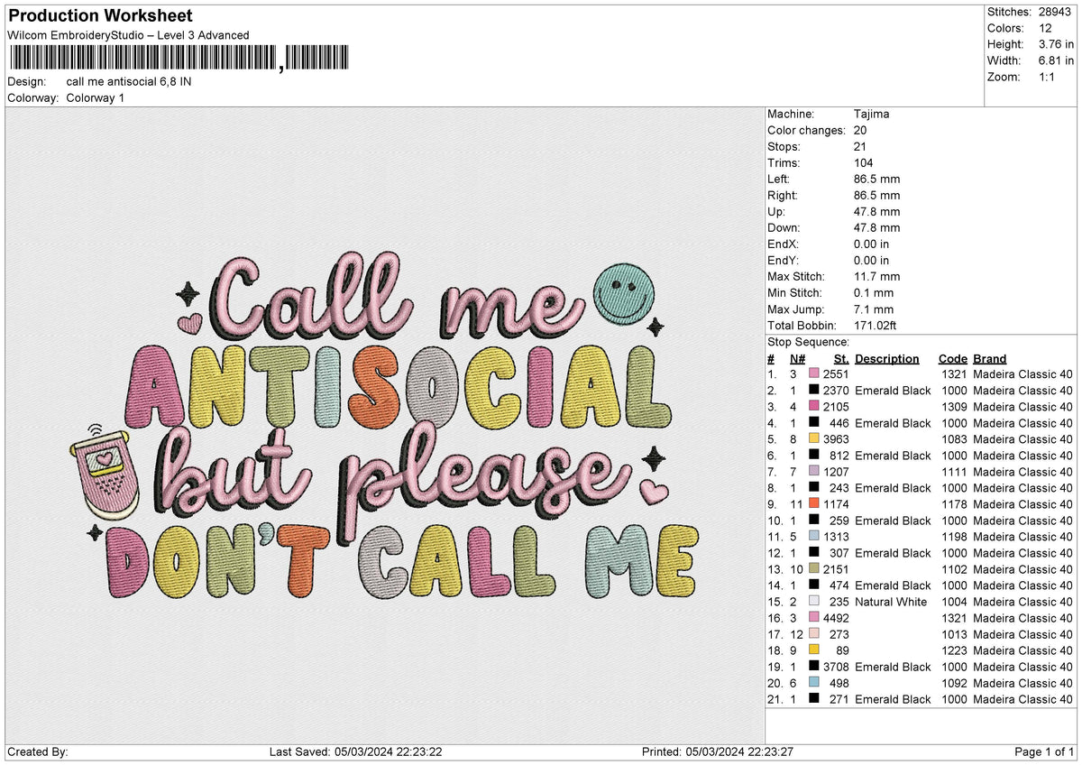 Call me antisocial Embroidery File 6 size