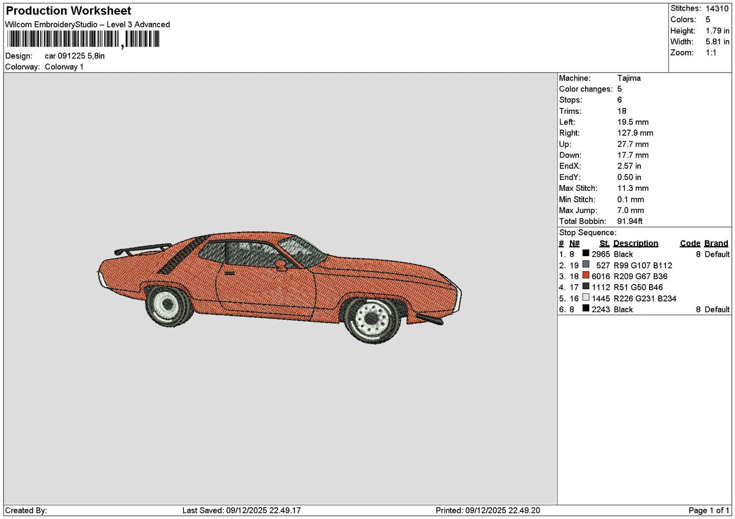 Orange Car 0912 Embroidery File 6 sizes