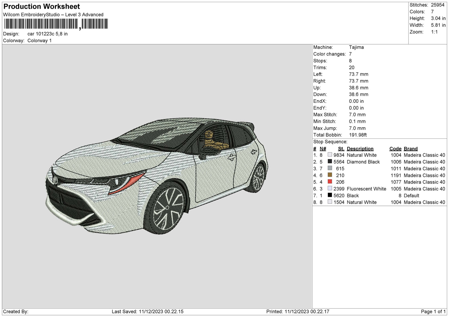 Car 1012c Embroidery File 6 sizes