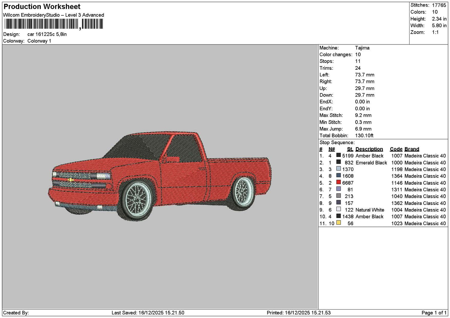 Red Car 1612c Embroidery File 6 sizes