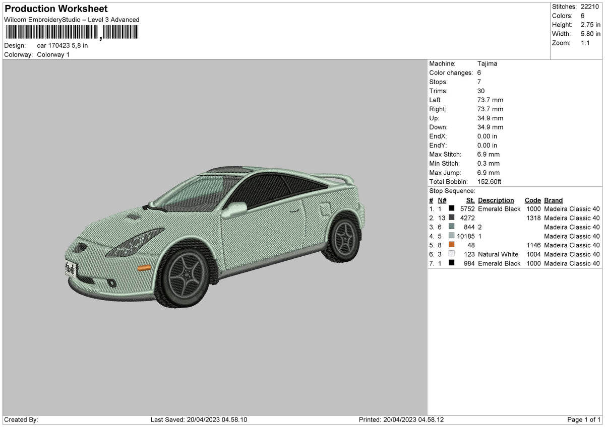 Car 1704 Embroidery File 6 sizes
