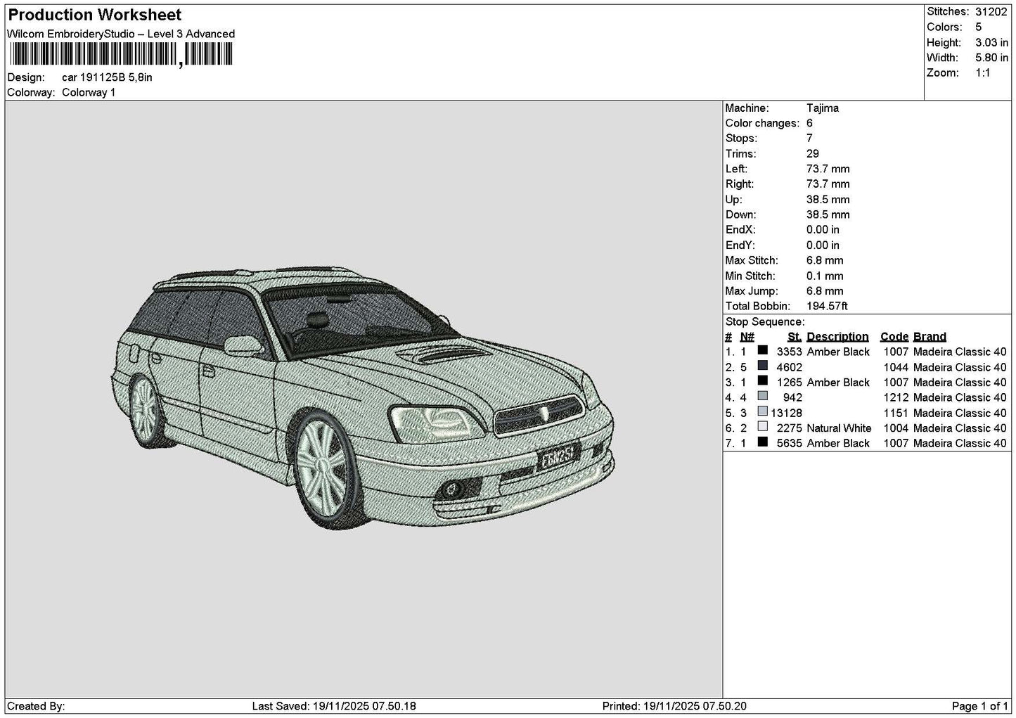 Car 1911b Embroidery File 6 sizes