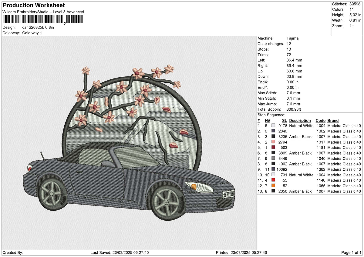 Car 220325b Embroidery File 6 size
