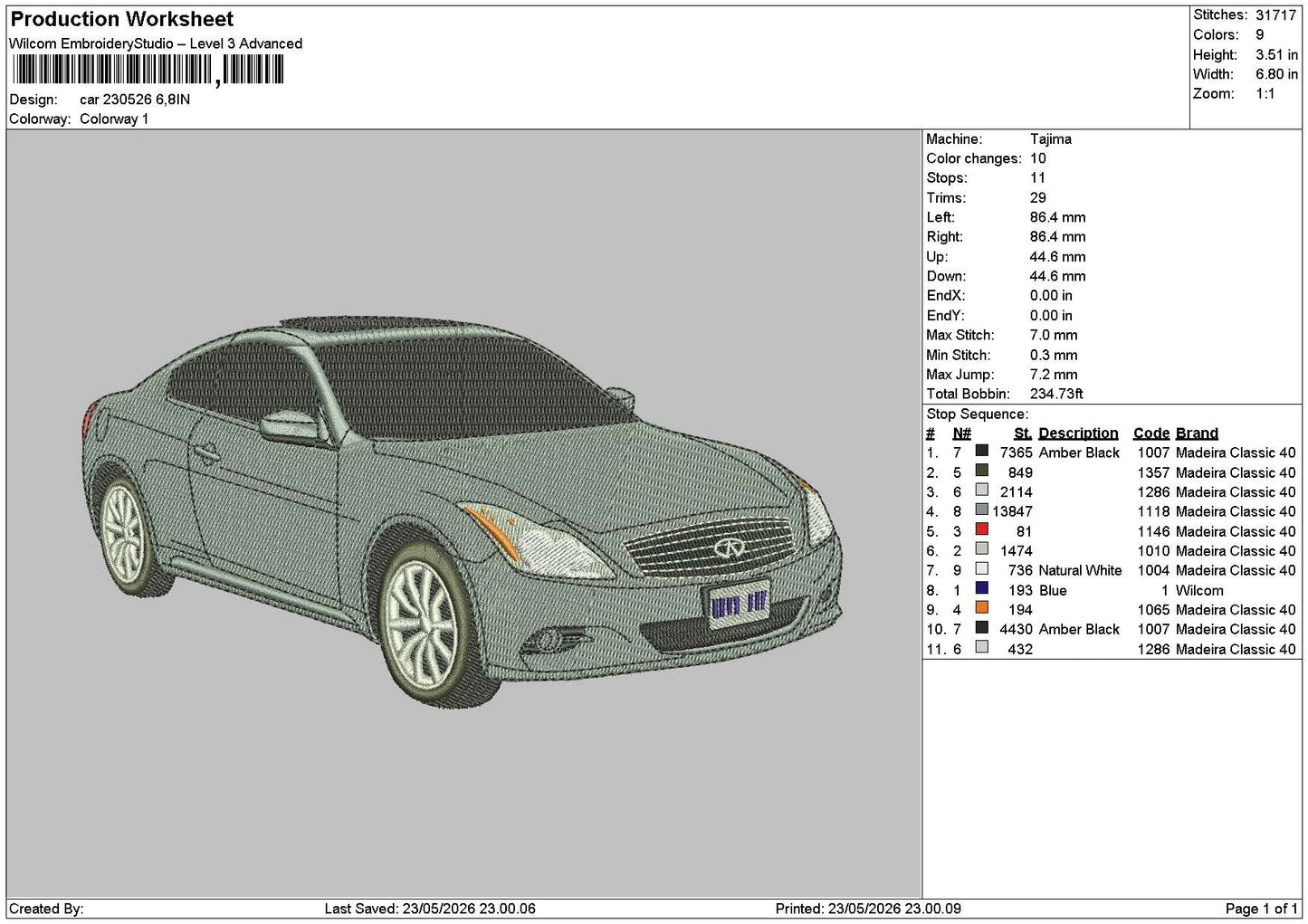 Grey Car 2305 Embroidery File 6 sizes