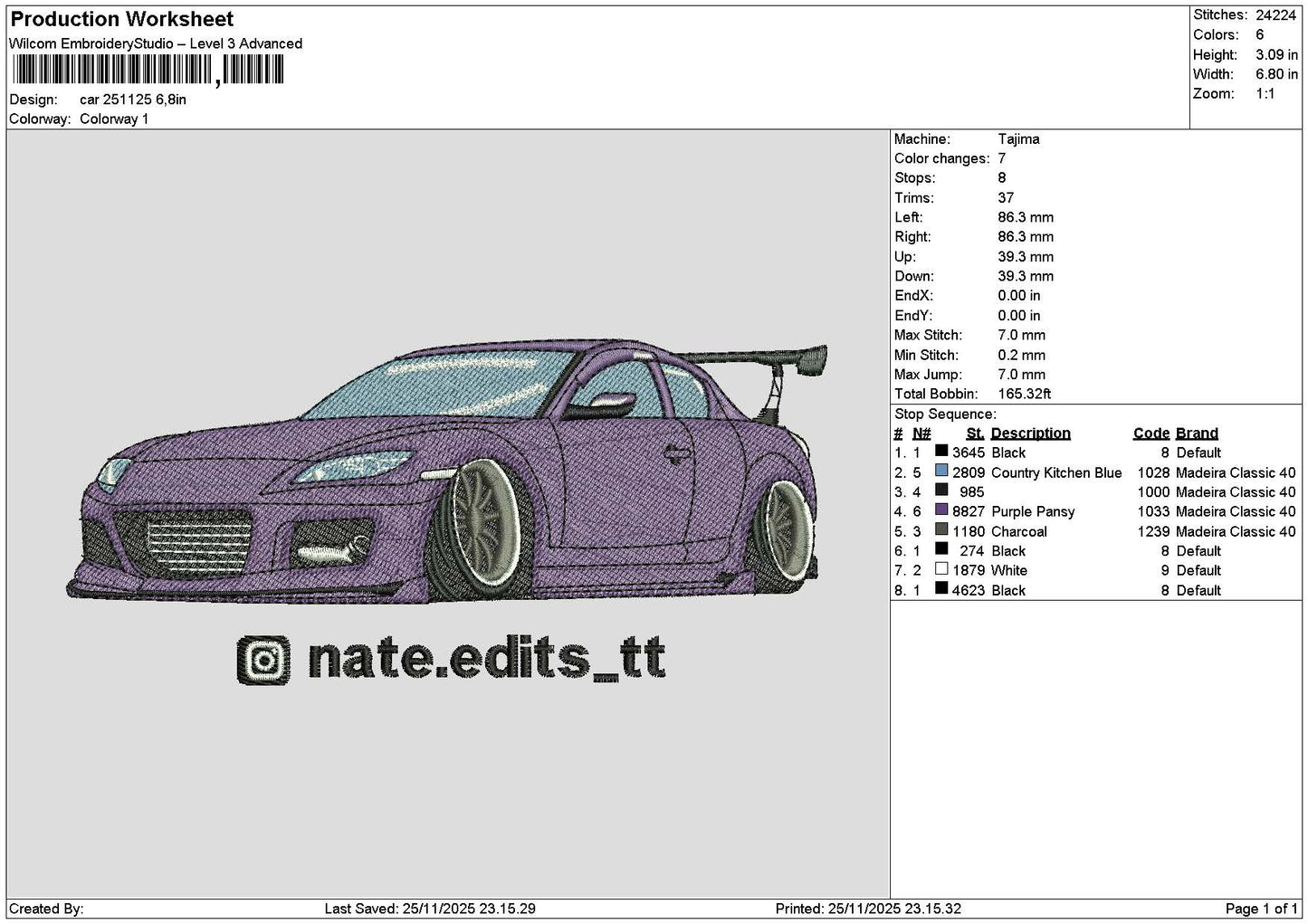 Purple Car 2511 Embroidery File 6 sizes