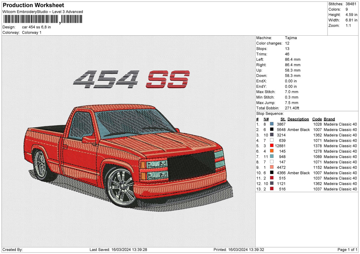 Car 454 ss Embroidery File 6 size