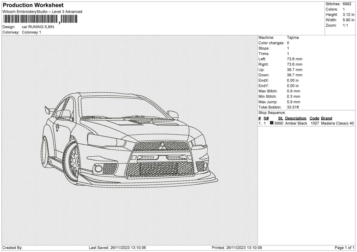 CAR RUNING Embroidery File 6 size