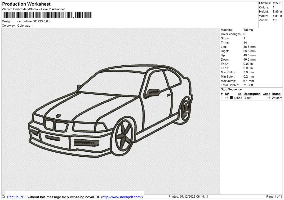 Car Outline Embroidery File 6 size