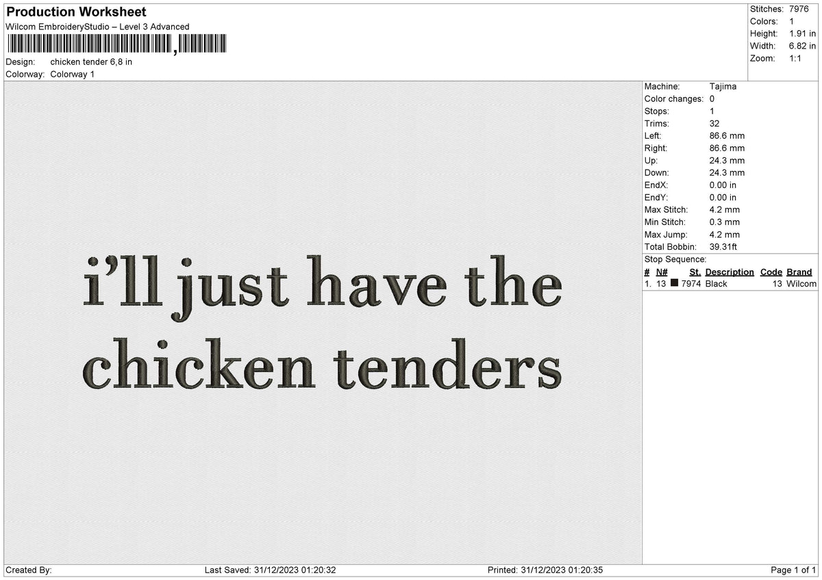 Chicken tender Embroidery File 6 size
