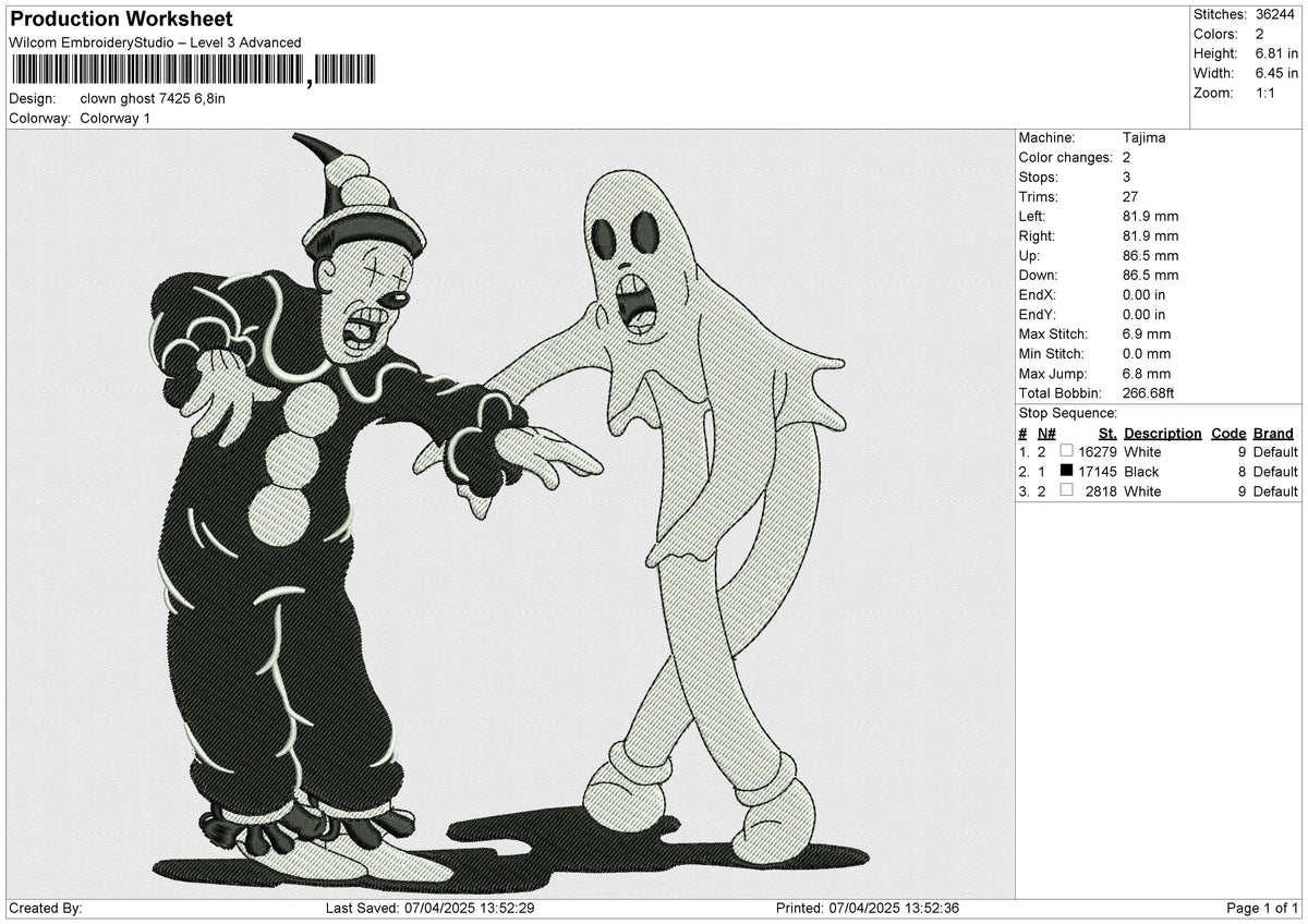 Clown Ghost 7425 Embroidery File 6 size