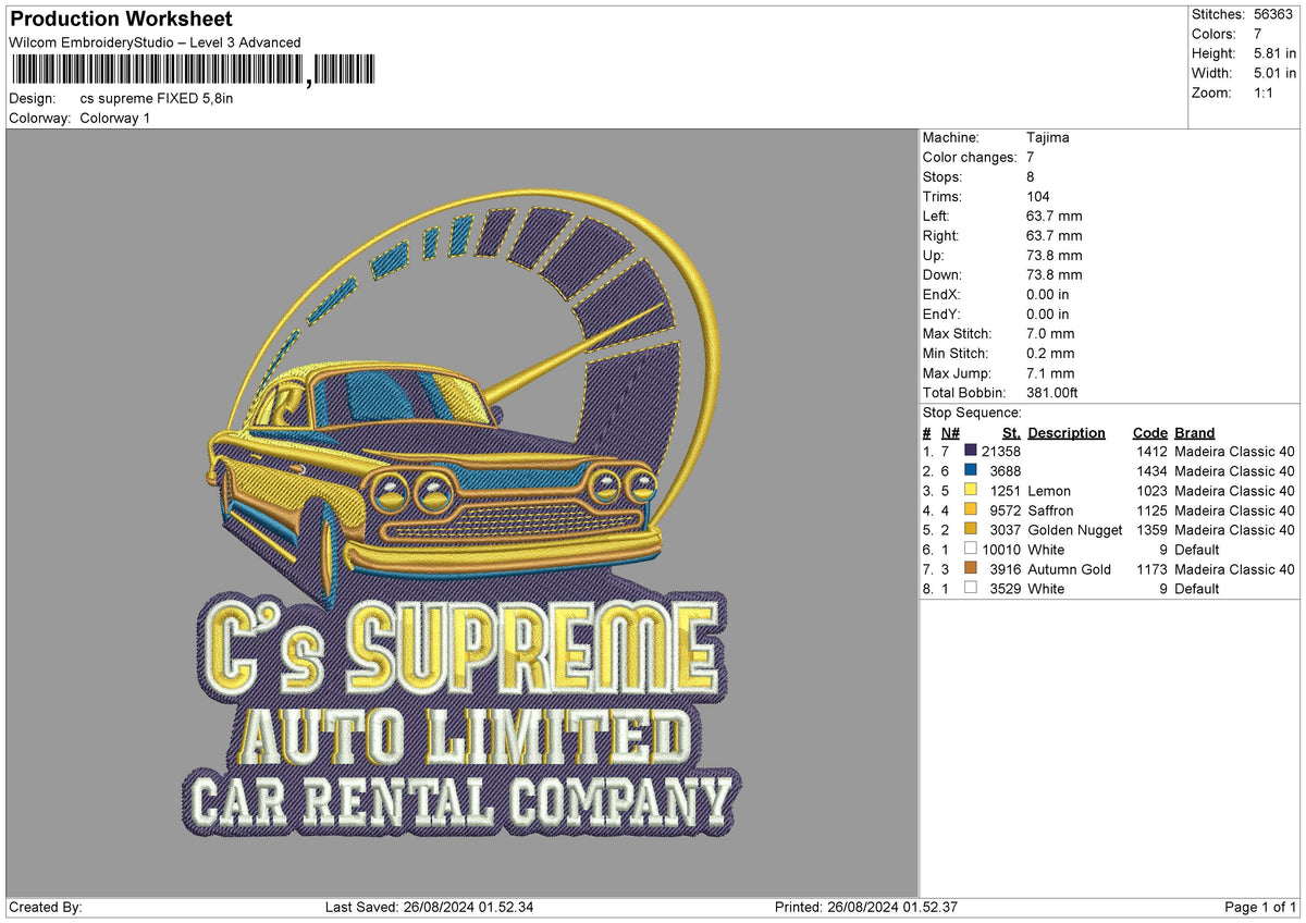 Gold Car 2508 Embroidery File 6 sizes