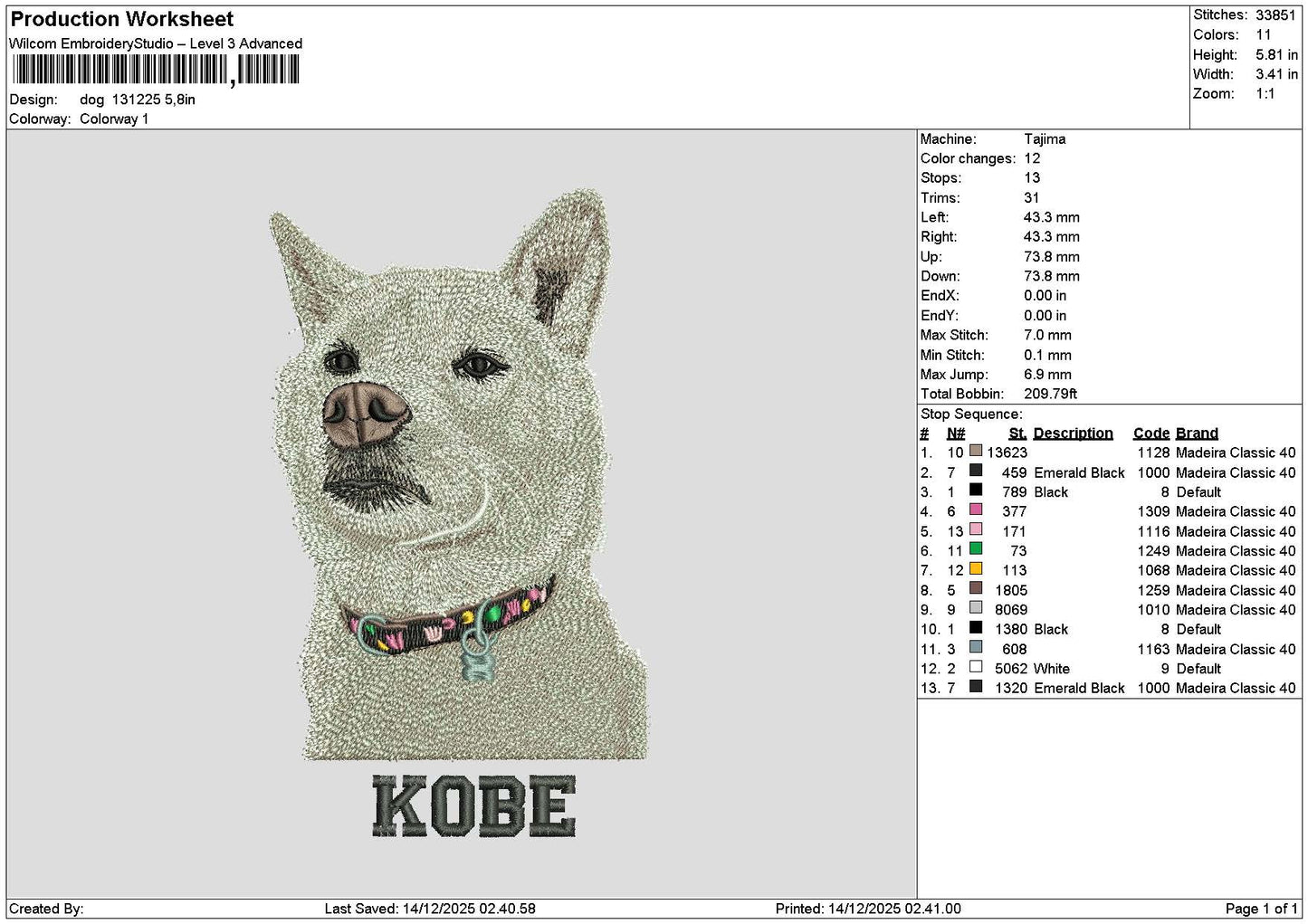 Dog 1312 Embroidery File 6 sizes