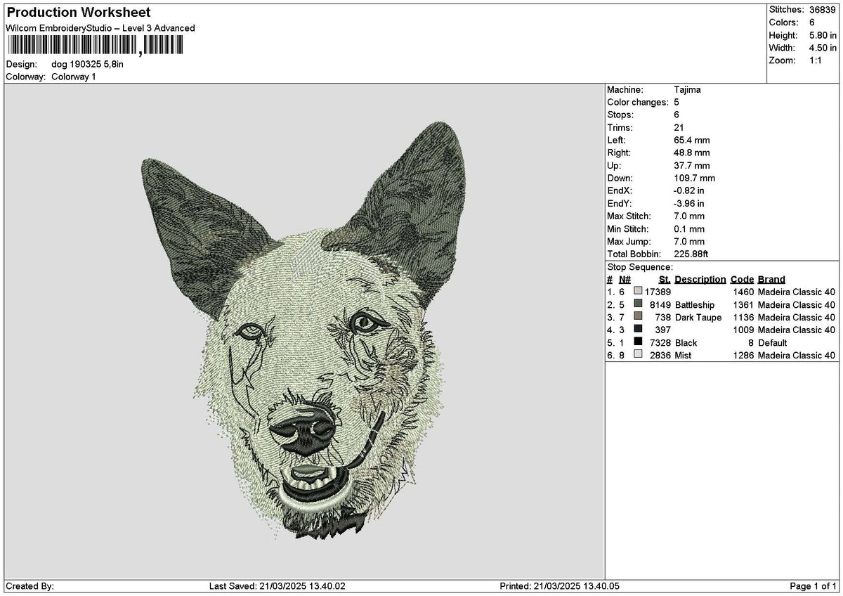 Dog Head 1903 Embroidery File 6 sizes