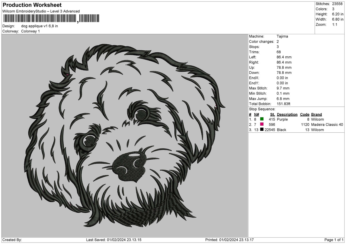 Dog Applique 01 Embroidery File 6 sizes