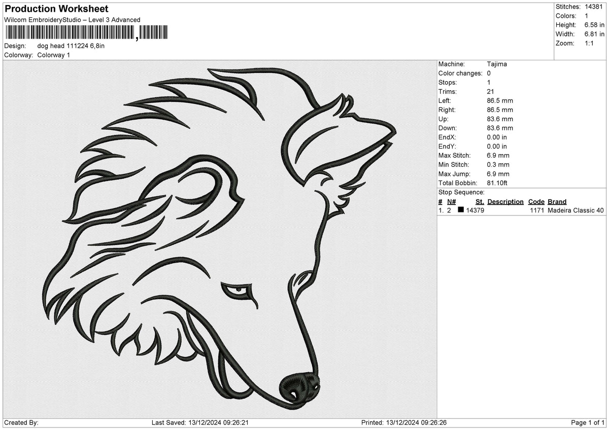 Dog head 111224 Embroidery File 9 size