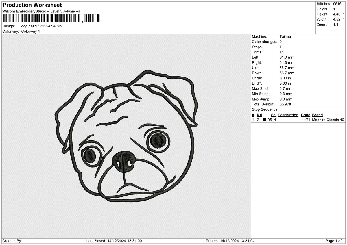 Dog Head 121224 B Embroidery File 6 size