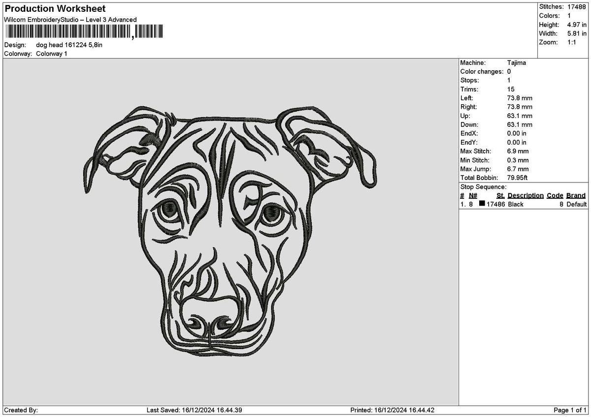 Dog Head Outline 1612 Embroidery File 6 sizes