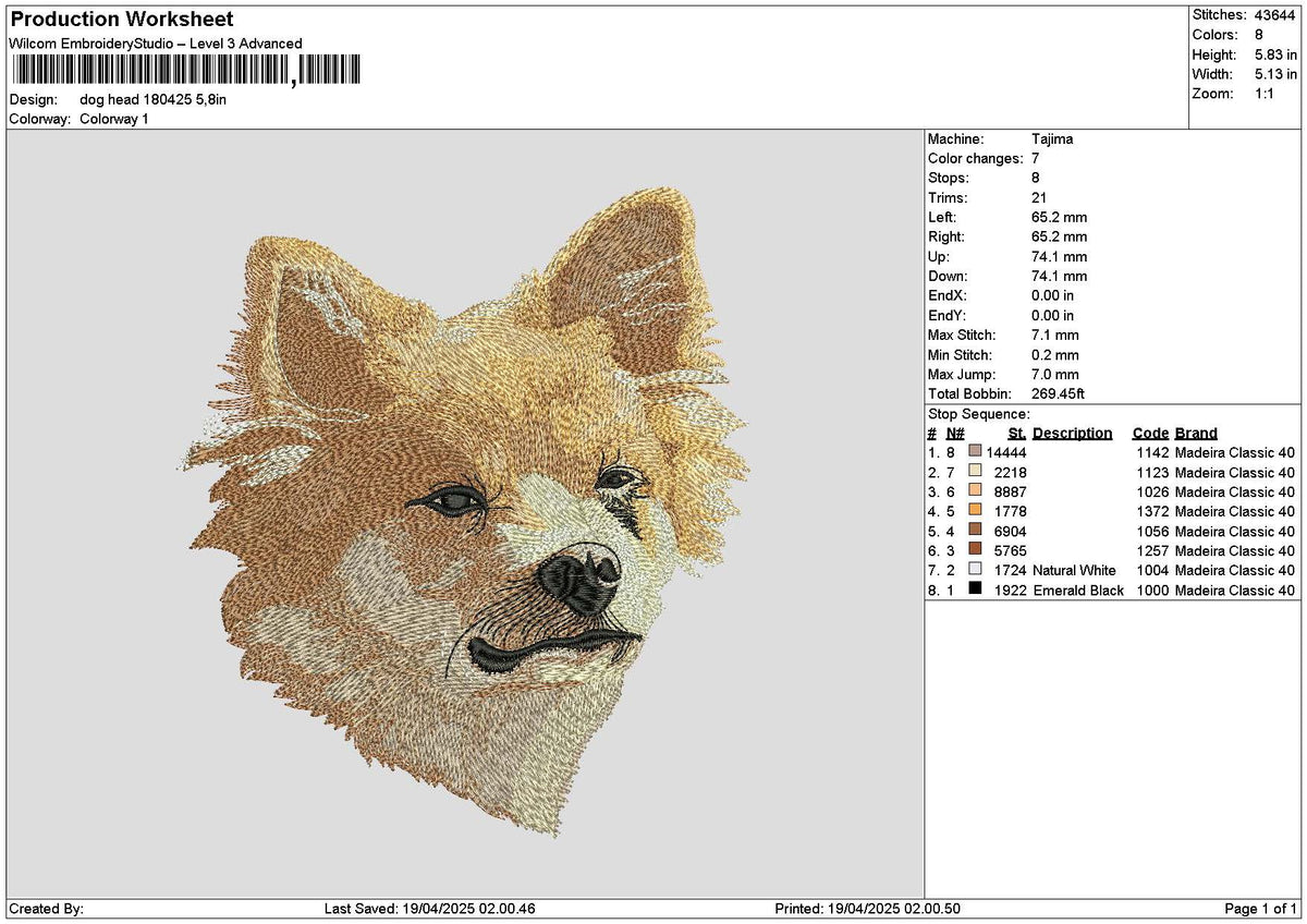 Dog Head 1804 Embroidery File 6 sizes