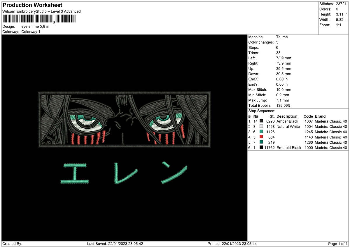 Eye Anime Embroidery File 6 sizes