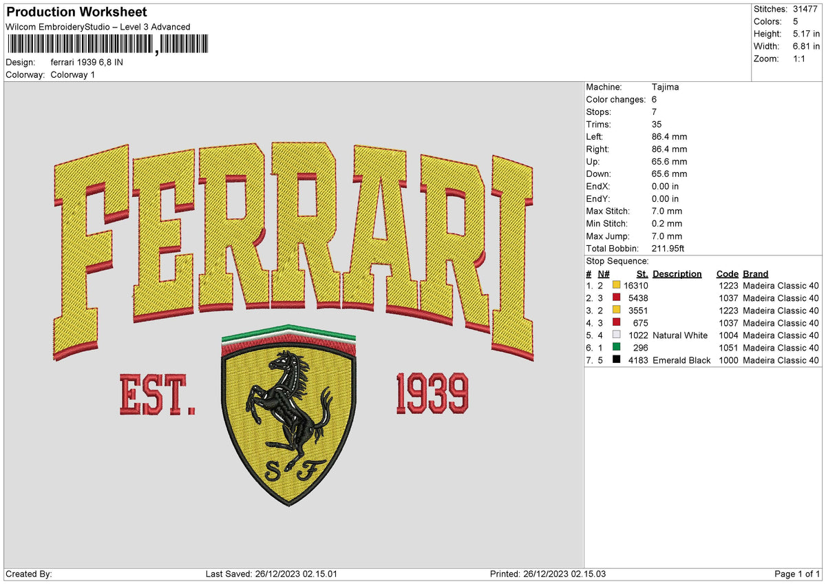 Ferrari39 Embroidery File 6 sizes