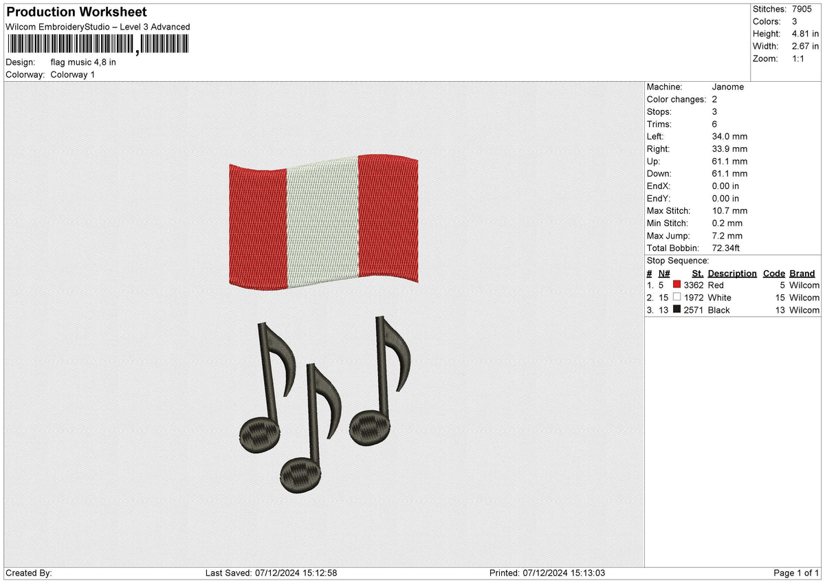 flag music Embroidery File 6 size