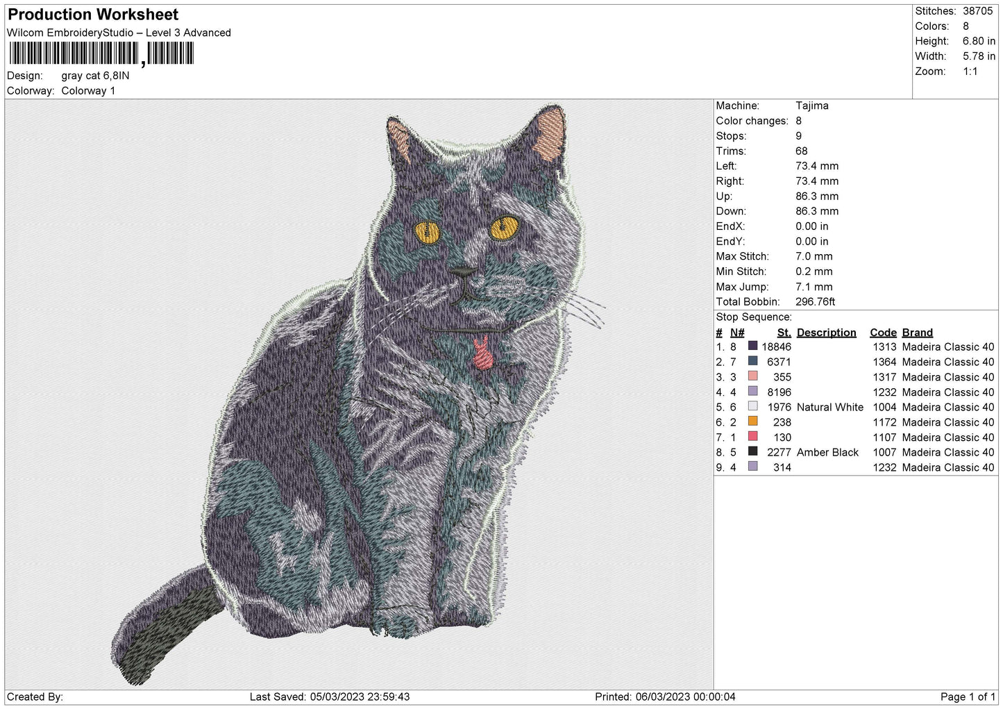 Gray Cat Embroidery