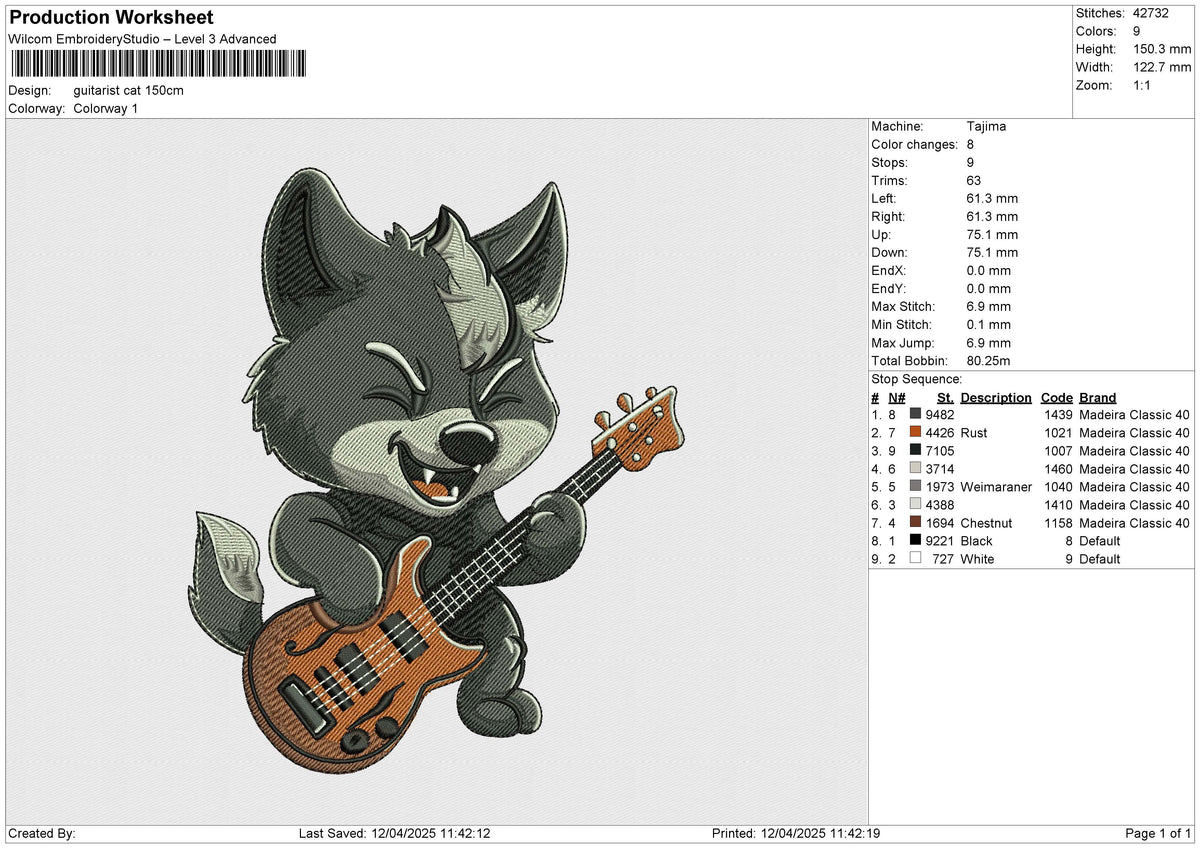 Guitarist Cat Embroidery File 6 size