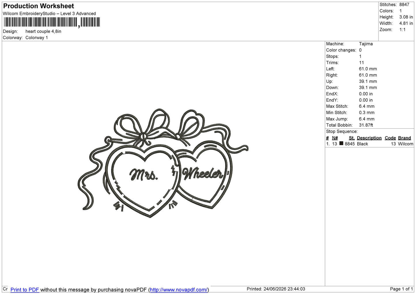 Heart Couple Embroidery File 6 sizes