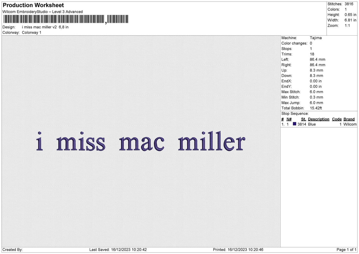 I miss mac miller v2 Embroidery File 6 size