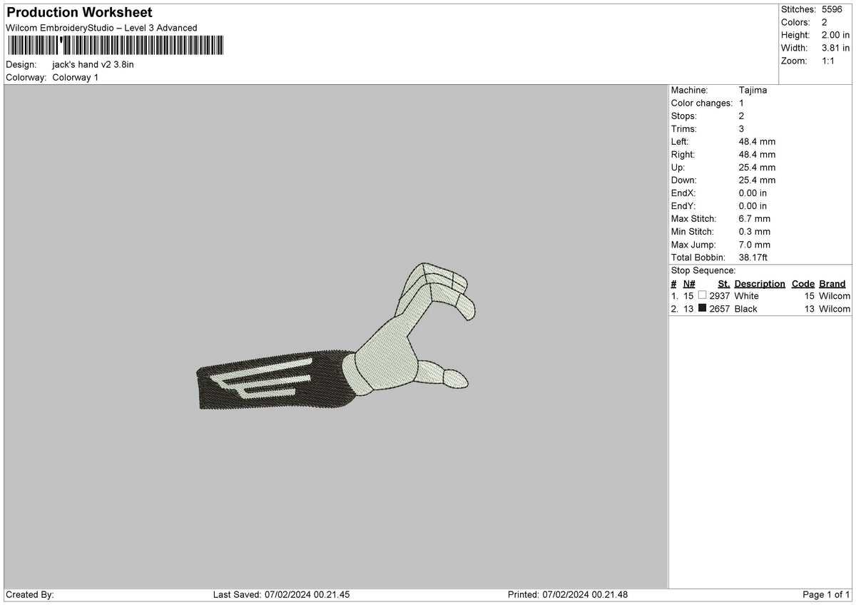 Jacks Hand V2 Embroidery File 6 sizes
