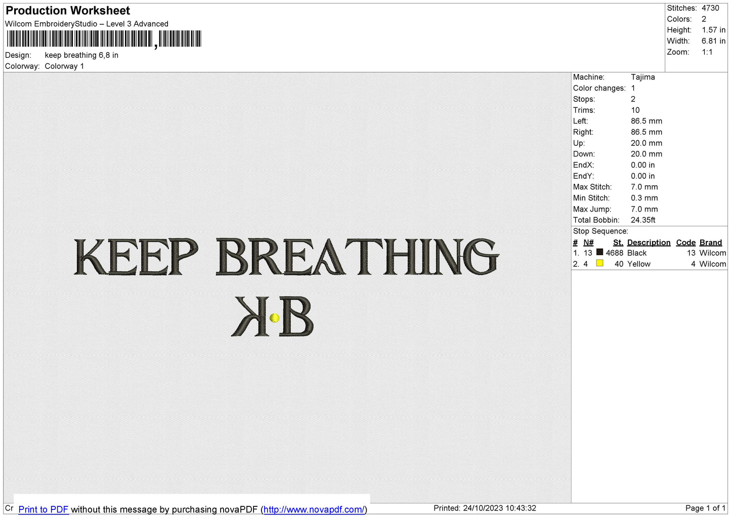 Keep Breathing Embroidery File 6 size