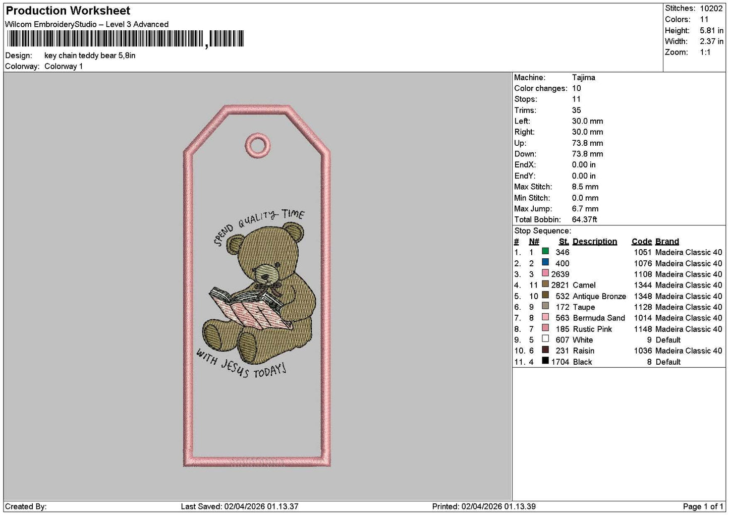Teddy 0204 Embroidery File 6 sizes