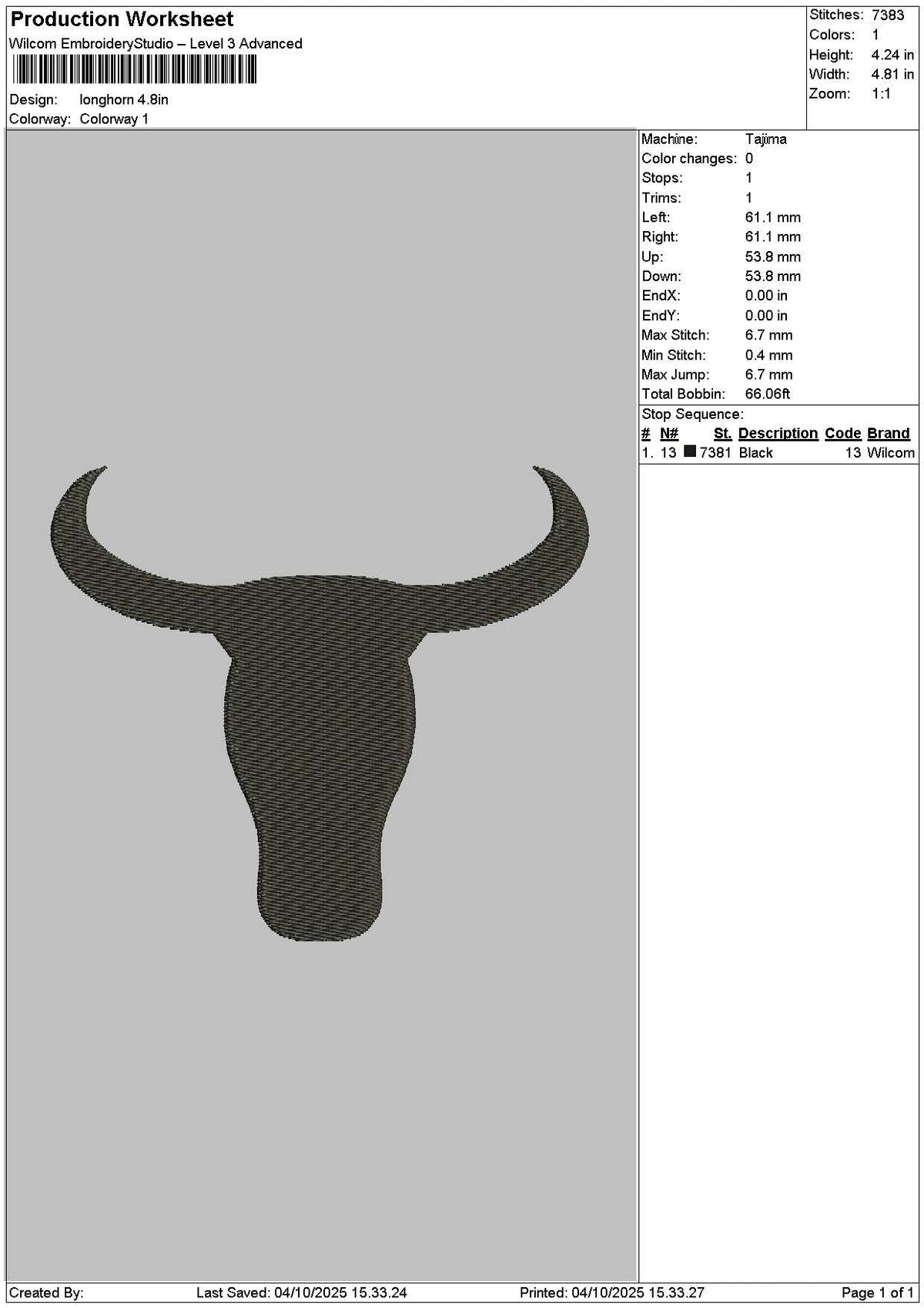 Longhornflat Embroidery File 6 sizes