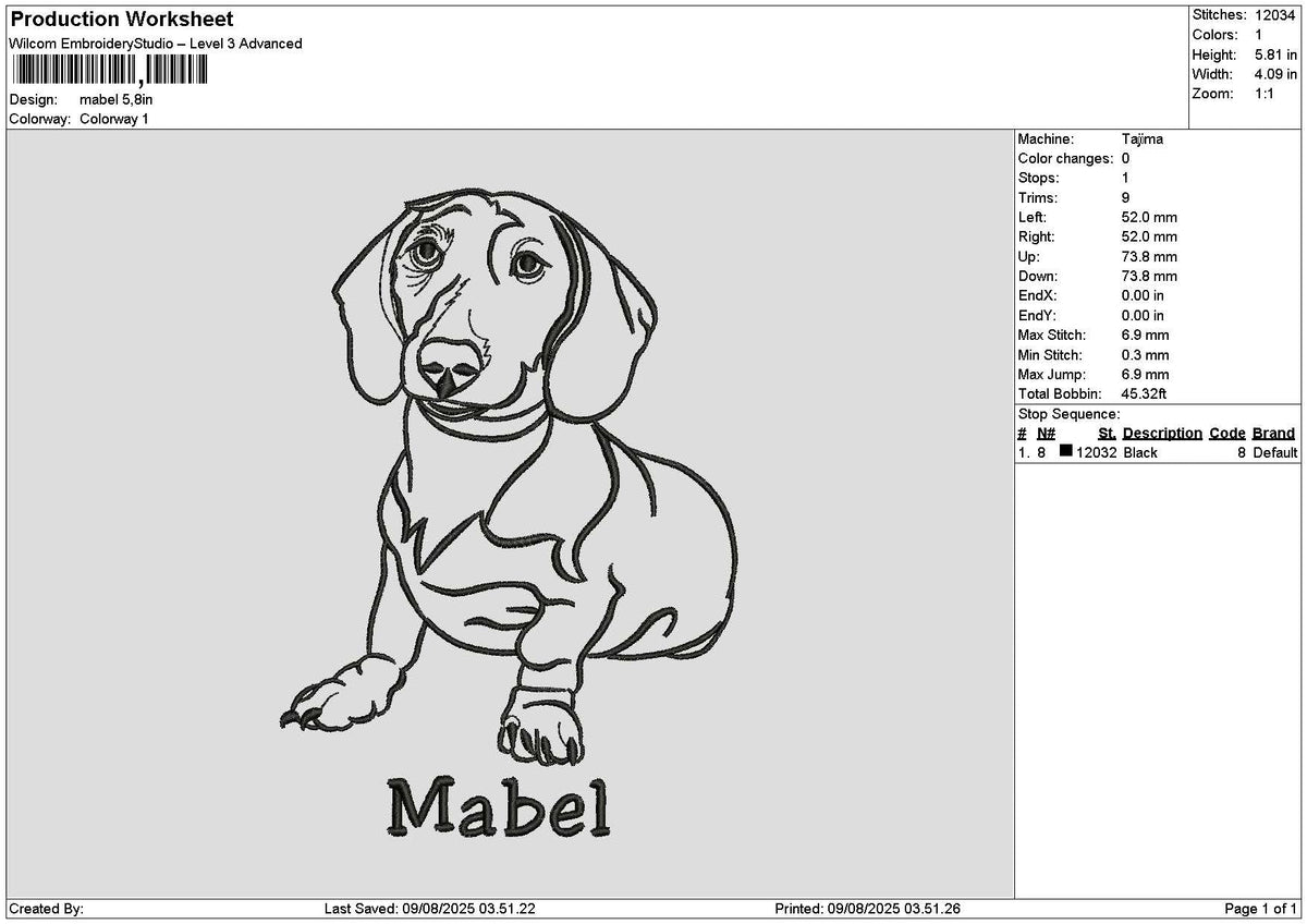 Dog Outline Mabel Embroidery File 6 sizes
