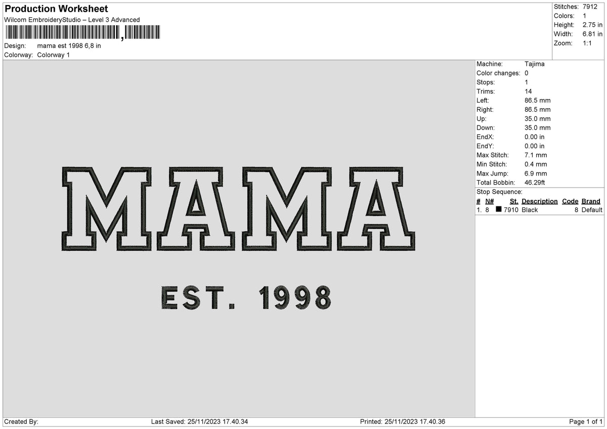 Mama Text 98 Embroidery File 6 sizes