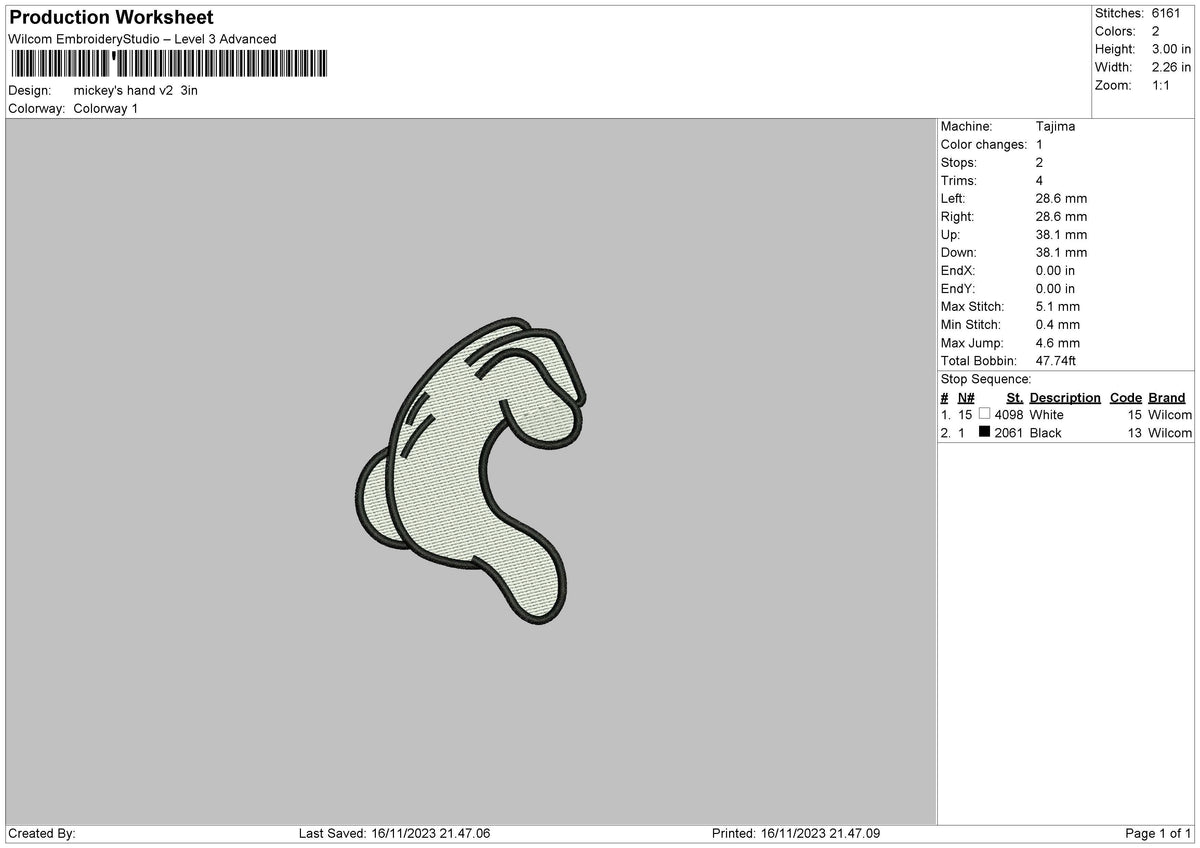 Mickeys Hand V2 Embroidery File 6 sizes