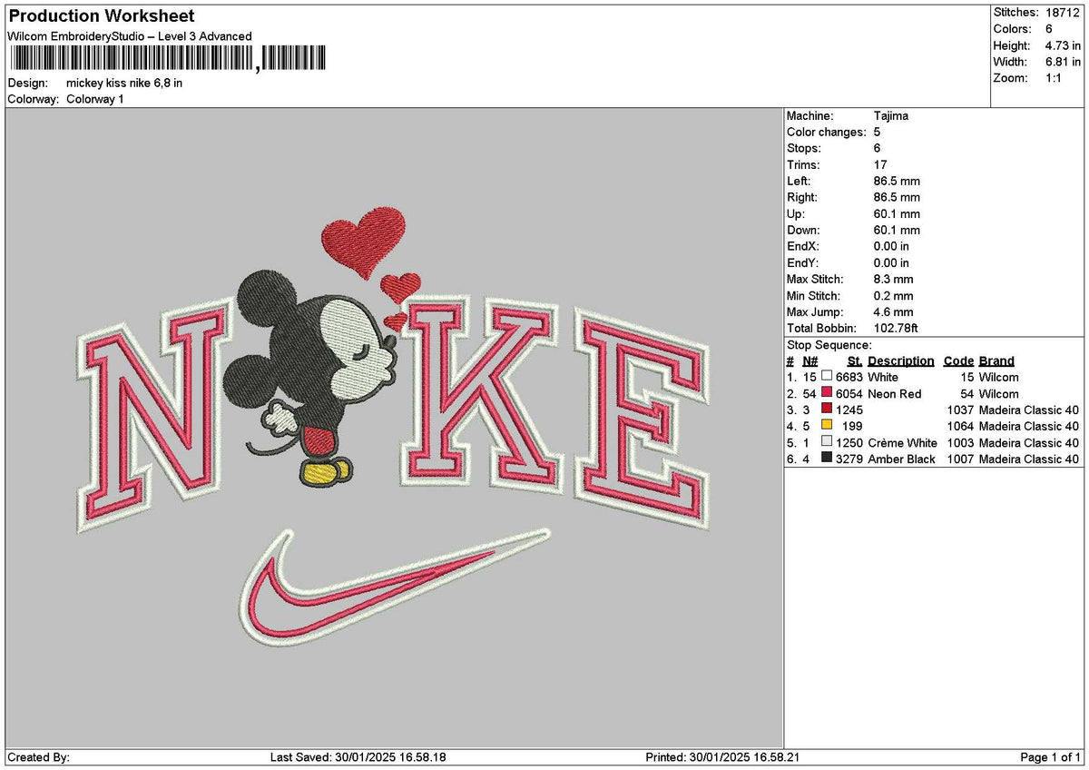 Nike Mickey Kiss Embroidery File 6 sizes