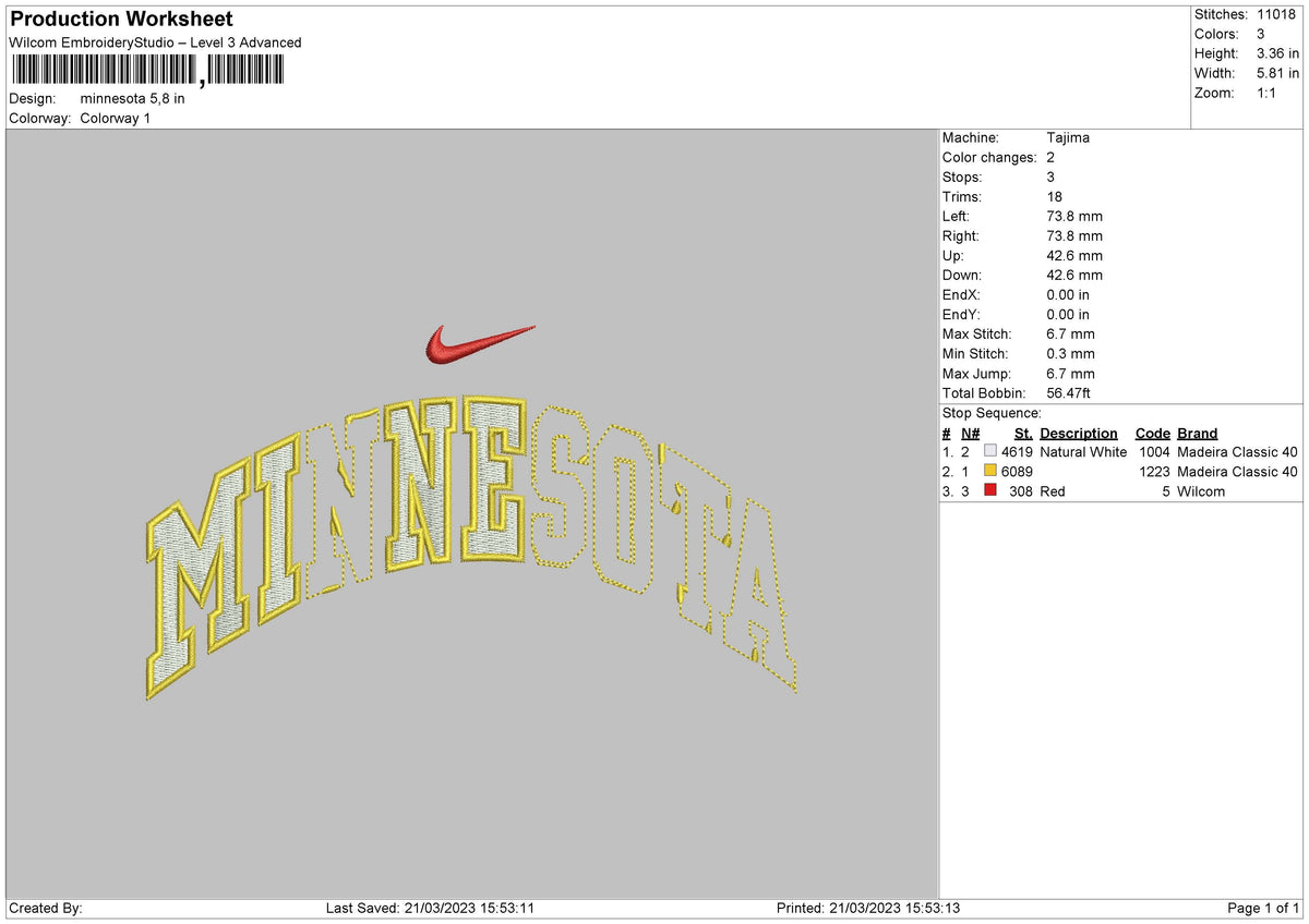 Minnesota Swoosh Embroidery File 6 sizes