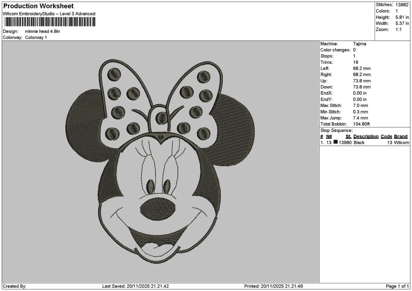 Minniehead 1911 Embroidery File 6 sizes