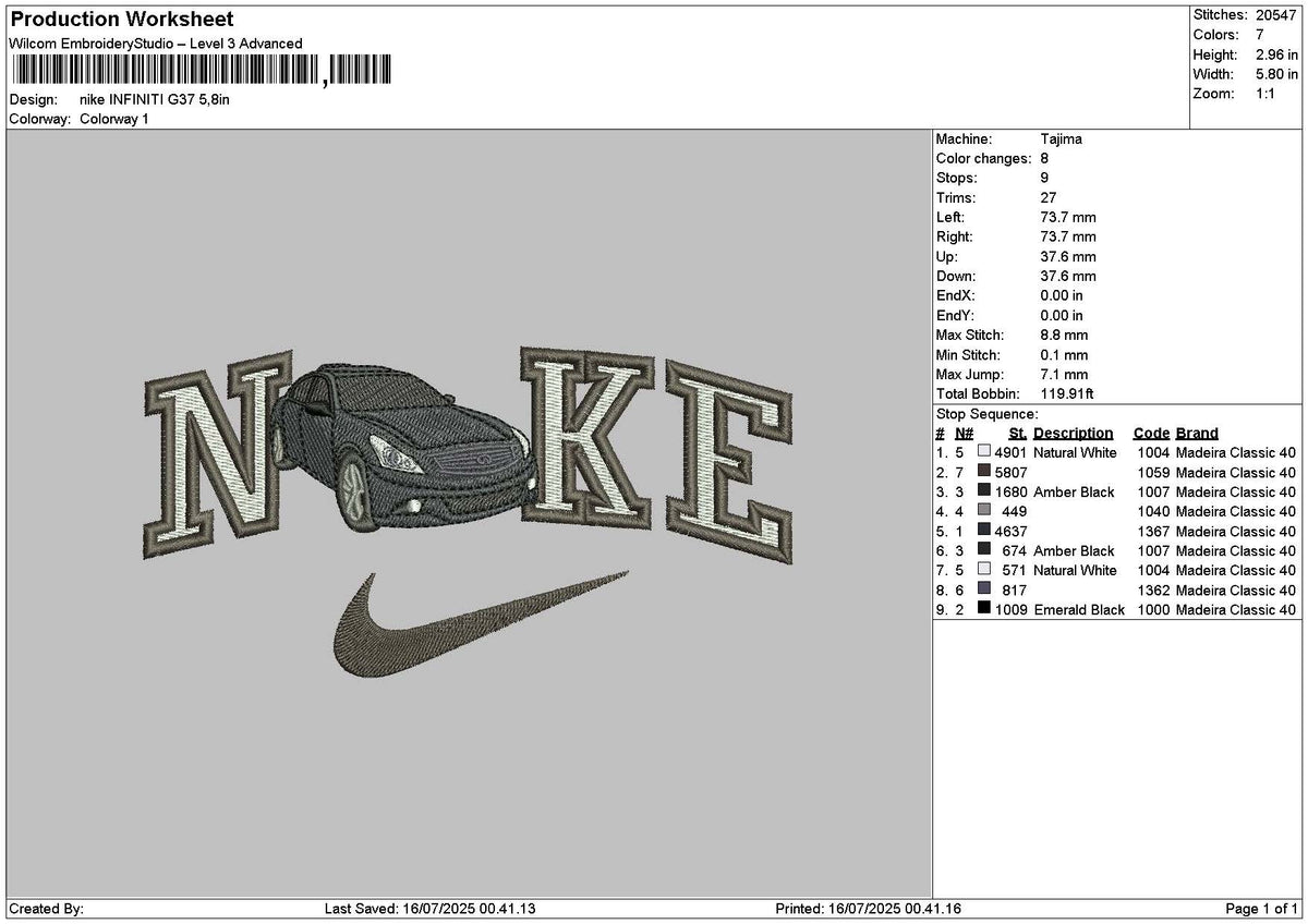 Nike Car G37 Embroidery File 6 sizes
