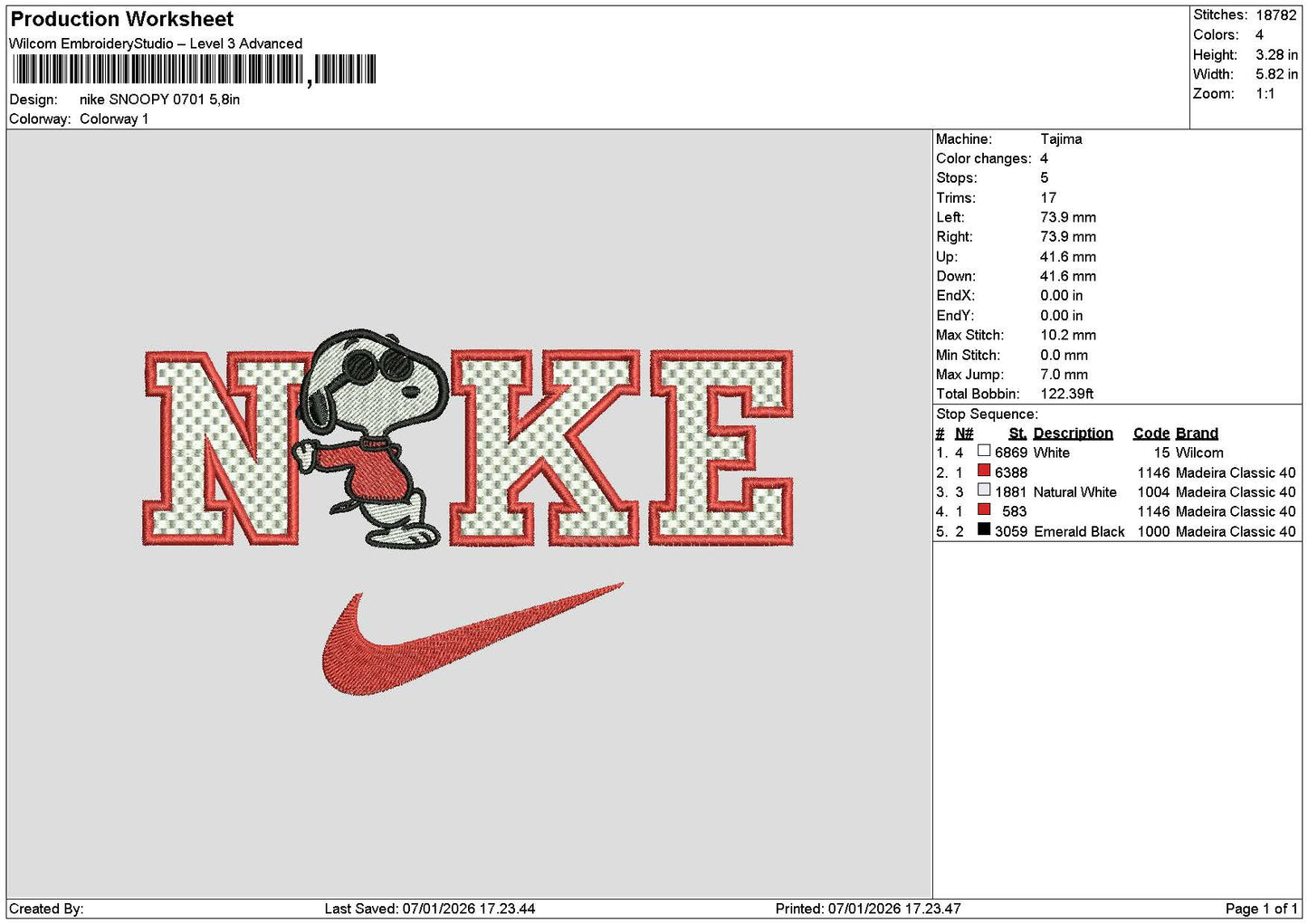Nike Snoopy 0701 Embroidery File 6 sizes