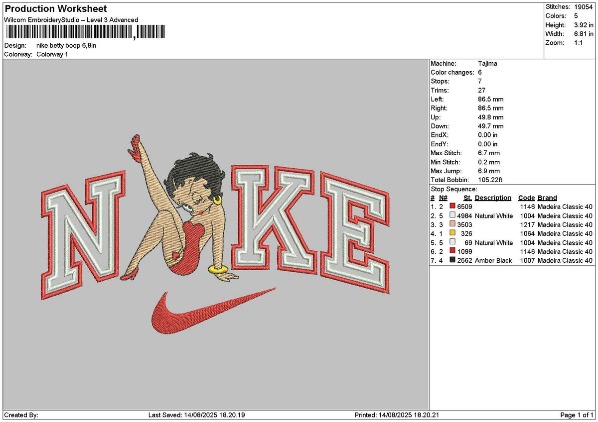 Nike Betty 1408 Embroidery File 6 sizes