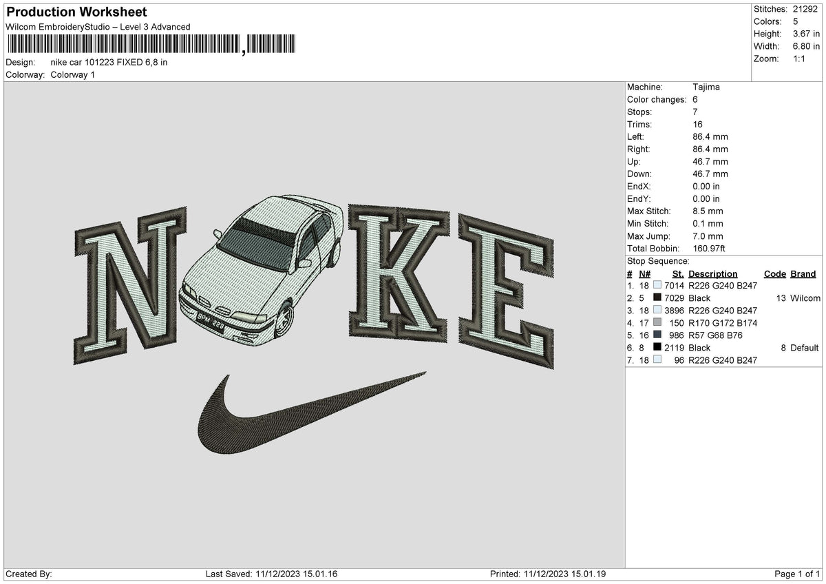 Nike Car 1012 Embroidery File 6 sizes