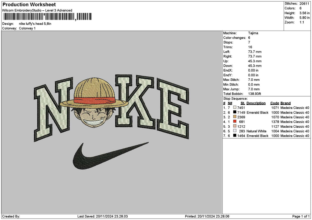 Nike Luffy Head Embroidery File 6 sizes