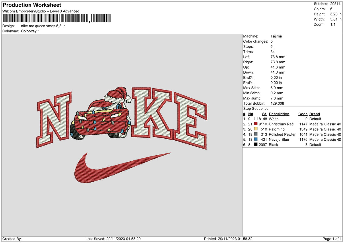 Nike McQueen Xmas Embroidery File 6 sizes