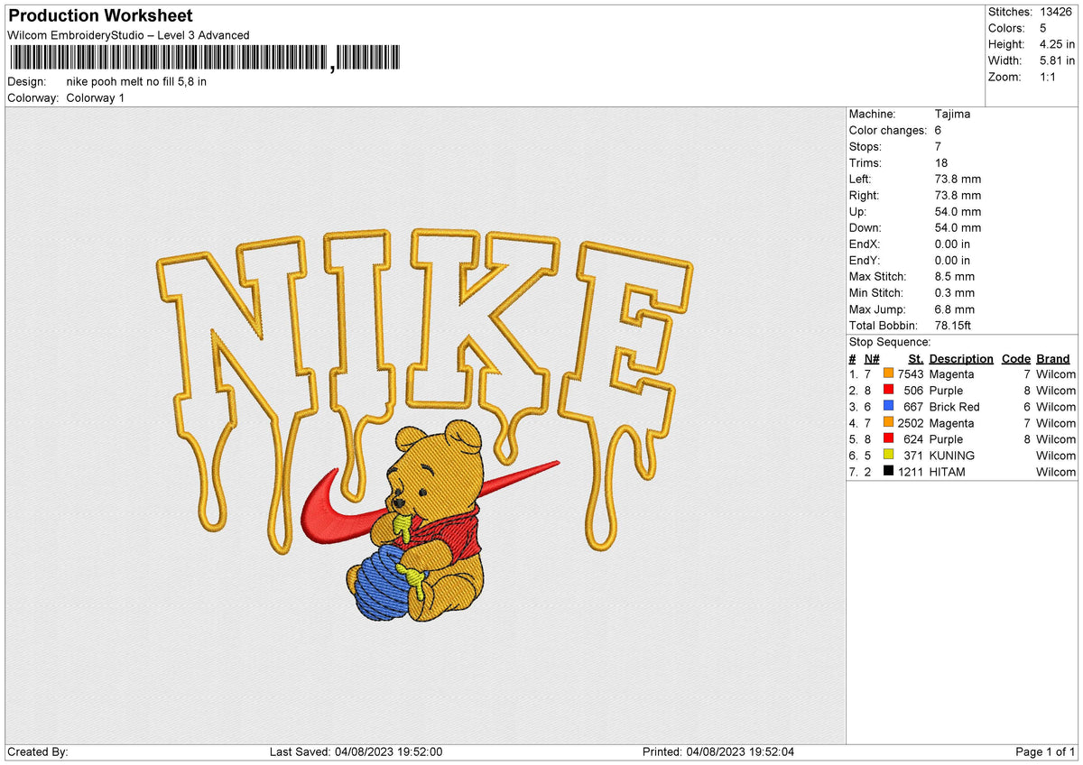 Nike pooh melt no fill embroidery File 6 size