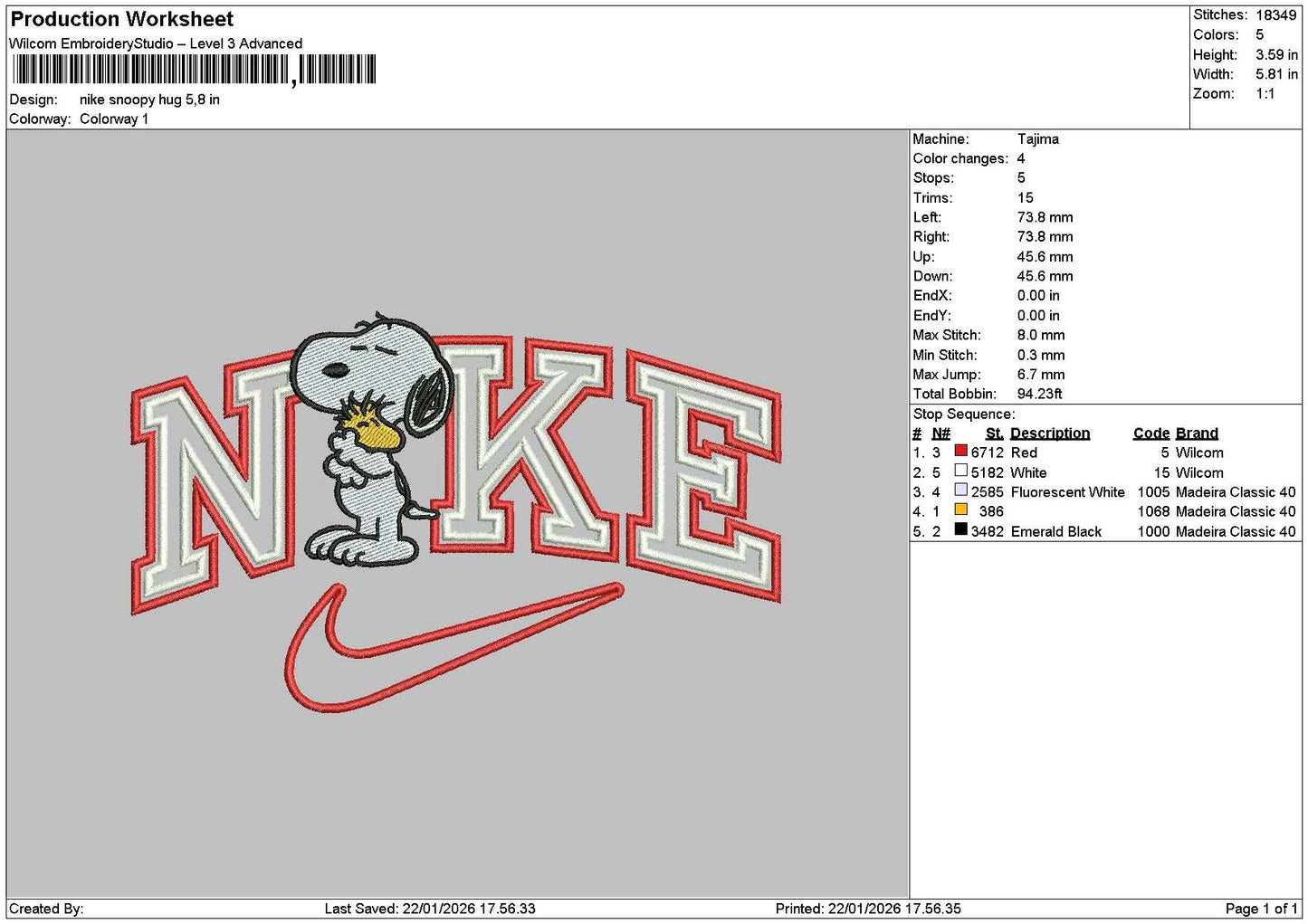 Nike Snoopy 2201 Embroidery File 6 sizes