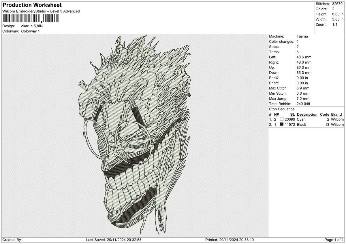 Okarun Embroidery File 6 size