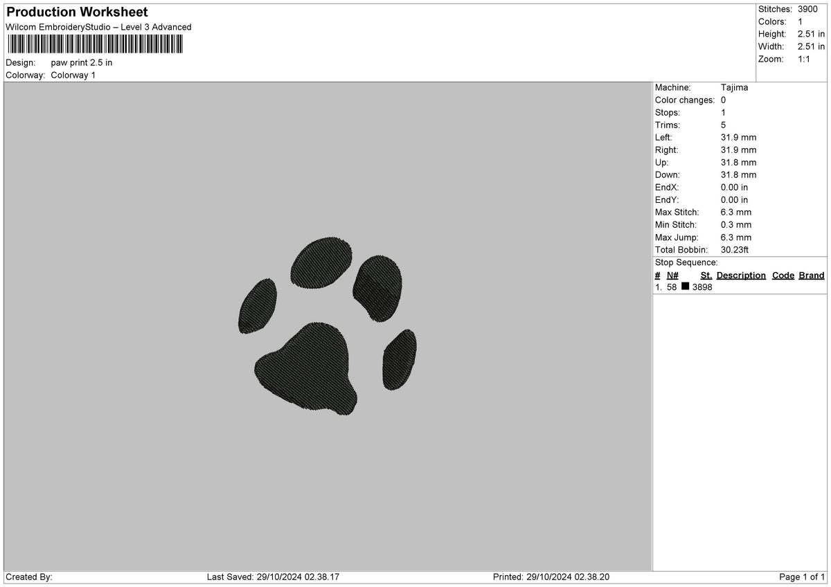 Paw Print Embroidery File 6 sizes